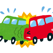 緑色の車と赤い車が衝突しているイラスト。