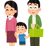 笑顔の母親、父親、子供が手をつないでいる家族のイラスト。