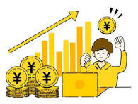 円マークのコイン、上昇するグラフ、パソコンの前にいる男性が描かれた、経済成長をイメージしたイラスト。