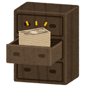 引き出しが開いた木製のタンスに、札束が積み重ねられているイラスト。